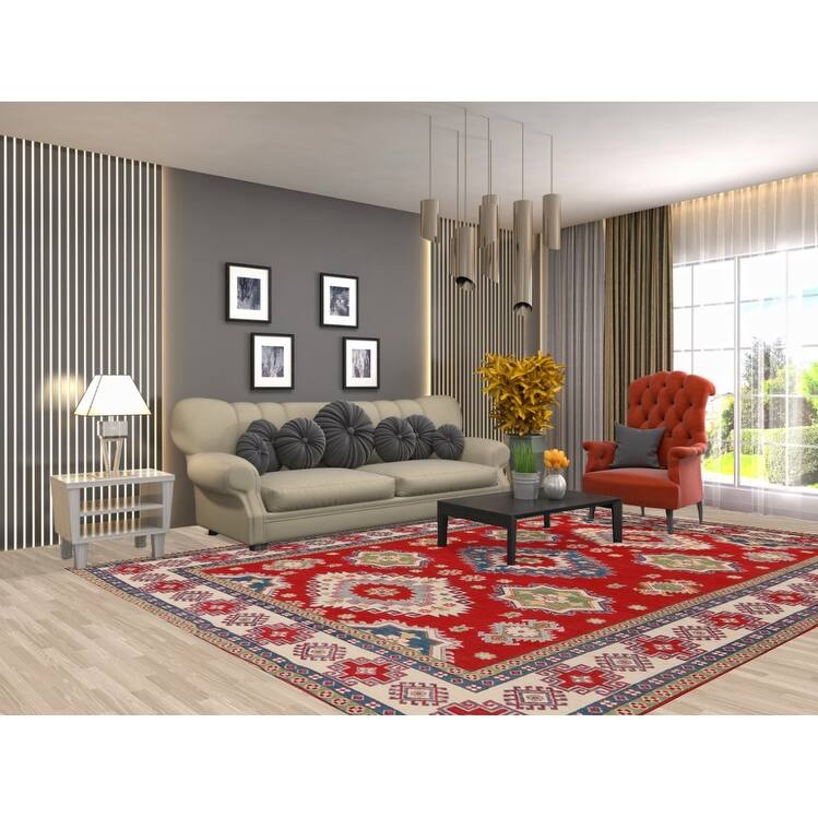 Hand Knotted Oriental 100% Wool Carpet Traditional Geometric Red Kazak Area Rug - 11' 0'' X 8' 2''