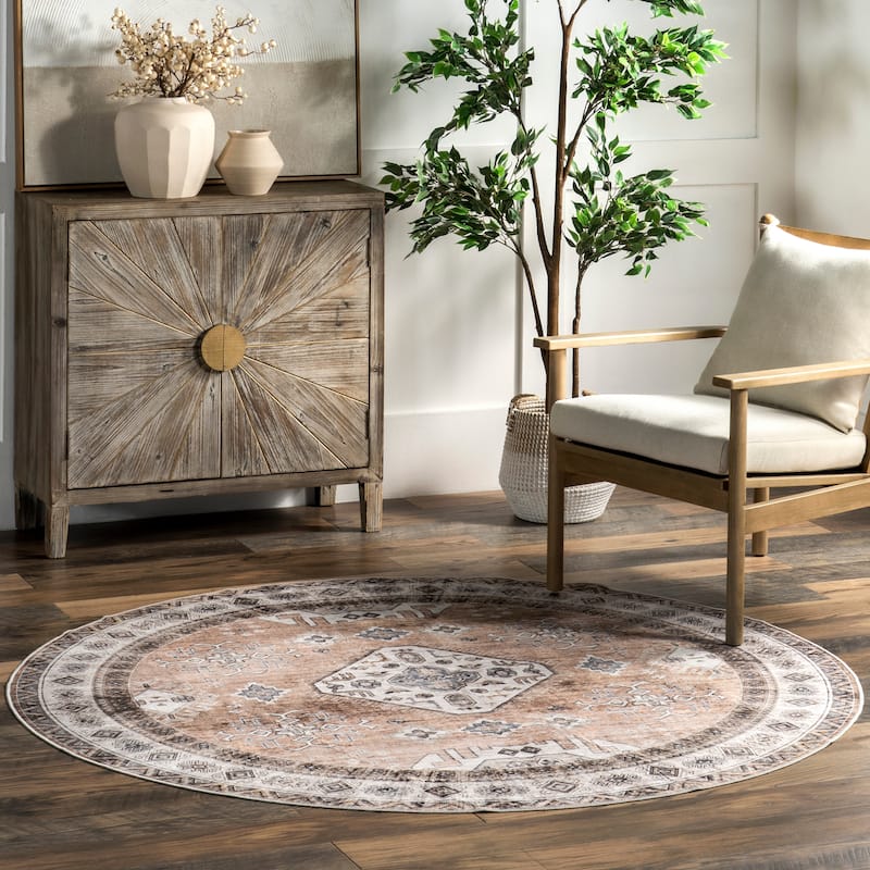 Nuloom Evelina Traditional SplashGuard Machine Washable Area Rug - 6' Round - Light Orange - Round