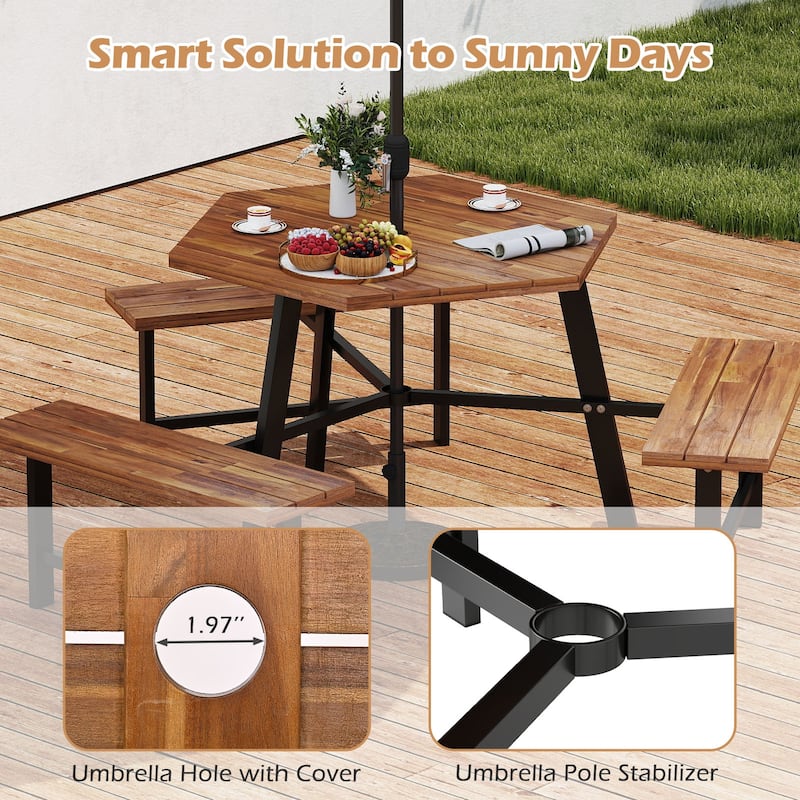 Gymax 6 Person Acacia Wood Picnic Table Bench Set w/3 Seats Umbrella