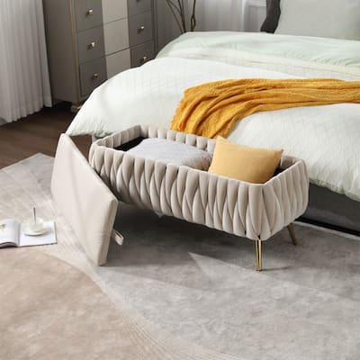 Upholstered Fabric Storage Bedroom End Bench with Safety Hinge