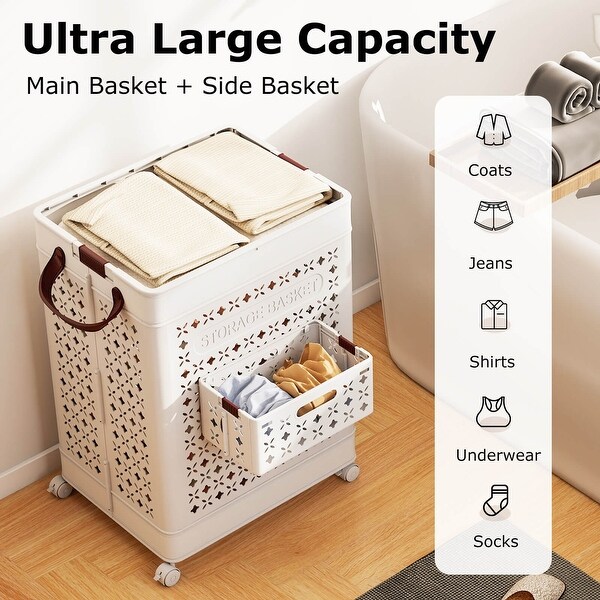 Costway Collapsible Laundry Basket Movable Laundry Cart with Side
