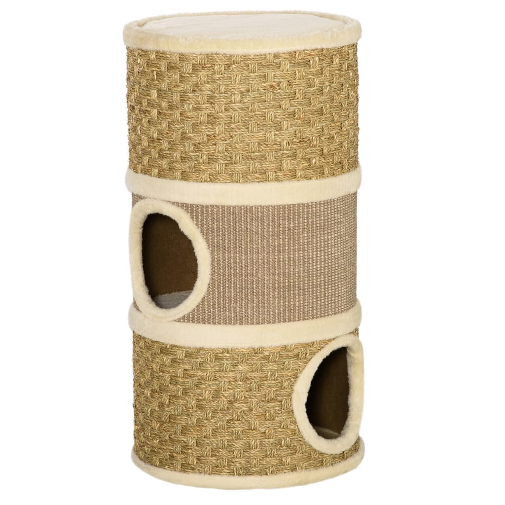 28 Inch Cat Condo, 3 Story Cat Hideaway with Sisal Scratching Pad, Barrel Shaped Small Cat Tree for Indoor Cats - khaki