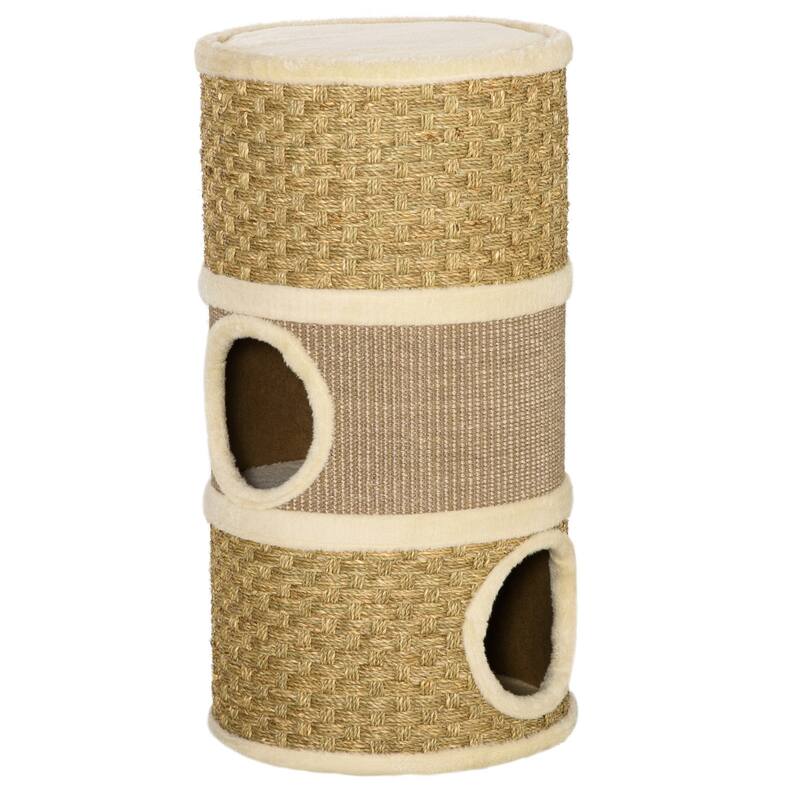 PawHut 28 Inch Cat Condo, 3 Story Cat Hideaway with Sisal Scratching Pad, Barrel Shaped Small Cat Tree for Indoor Cats - khaki