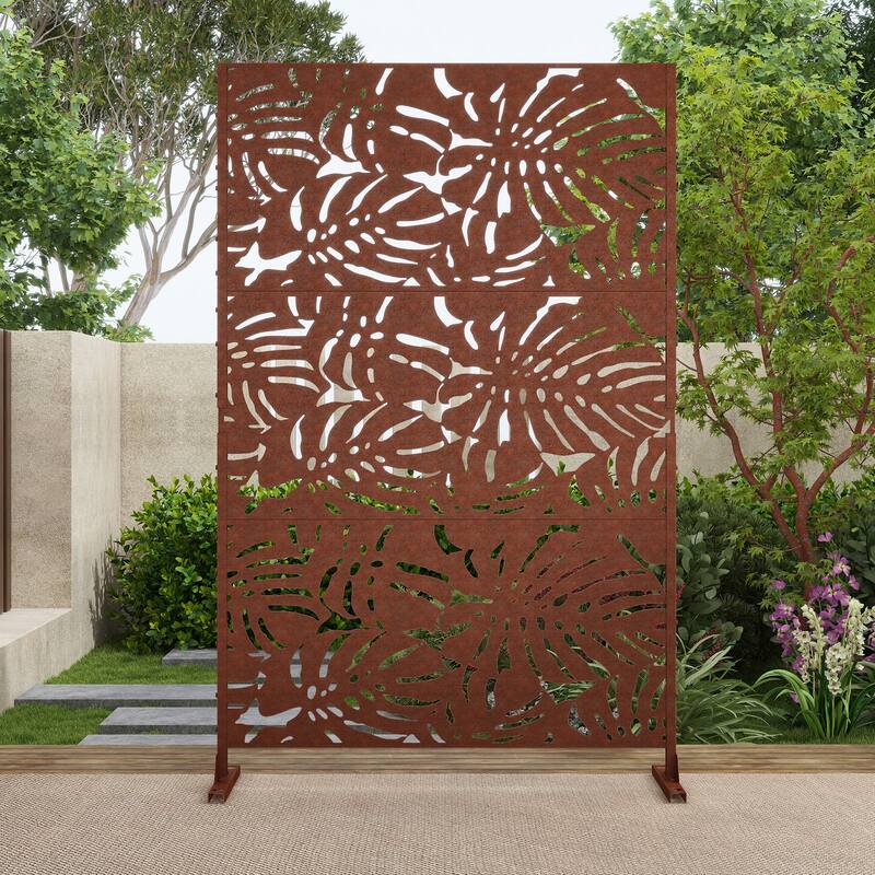 75'' x 47'' Privacy Metal Screen Fence Panel Leaf Blade Pattern - 011-Large Leaves - Reddish Brown