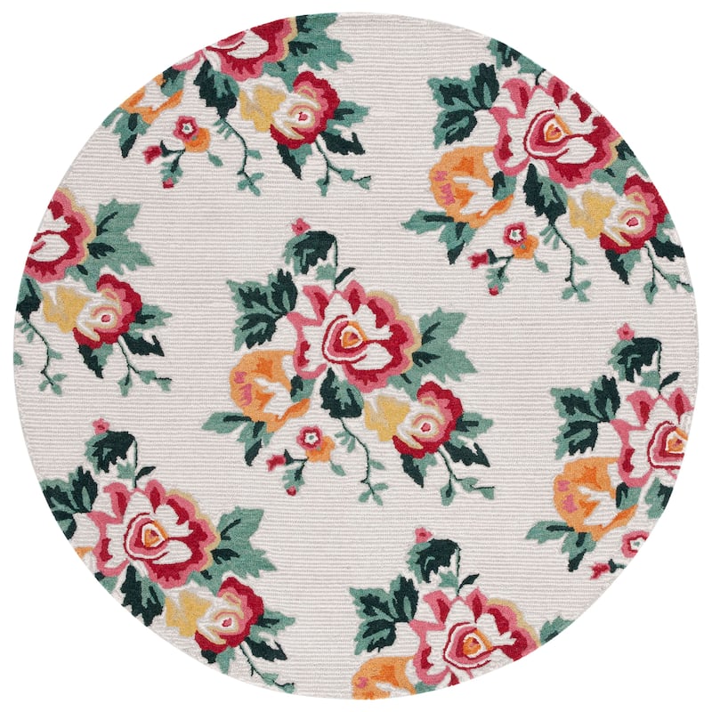 SAFAVIEH Handmade Jardin Kanja Floral Wool Rug - 6' Round - Ivory/Red
