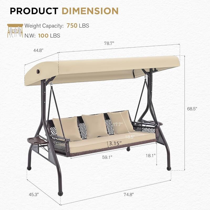 Outdoor 3-Seat Porch Swing with Adjustable Canopy & Cup Holder,Porch Swing Glider Chair, Heavy-Duty Steel Frame