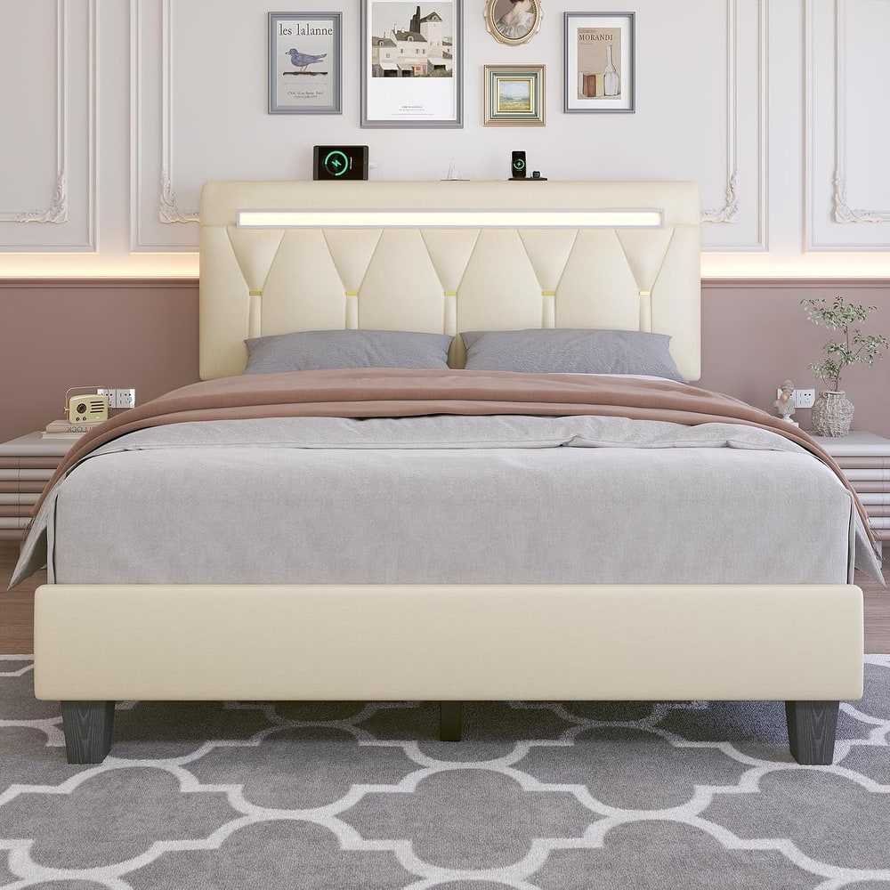 Upholstered Platform Bed with Adjustable Headboard, Bed Frame with LED Lights & Charging Station, Noise-Free Wood Slats,Beige
