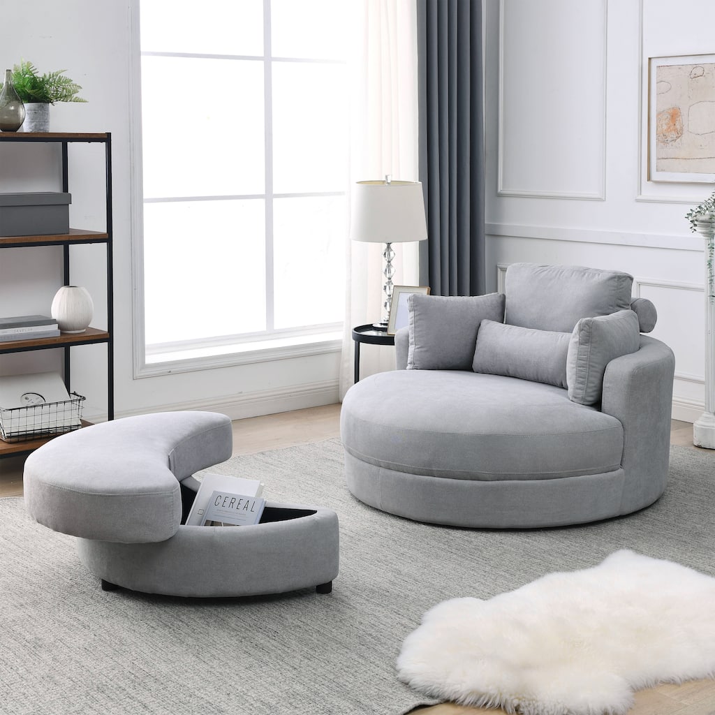 Welike Swivel Accent Barrel Modern Grey Sofa Lounge Club Big Round Chair with Storage Ottoman