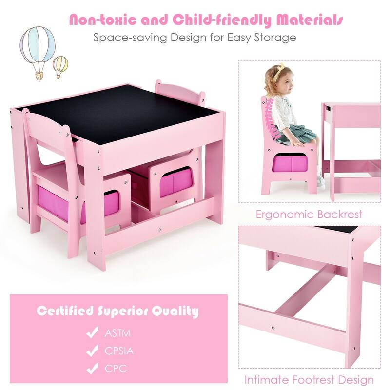 Kids Table Chairs Set With Storage Boxes Blackboard Whiteboard Drawing - 24.5" x 24.5" x 19"