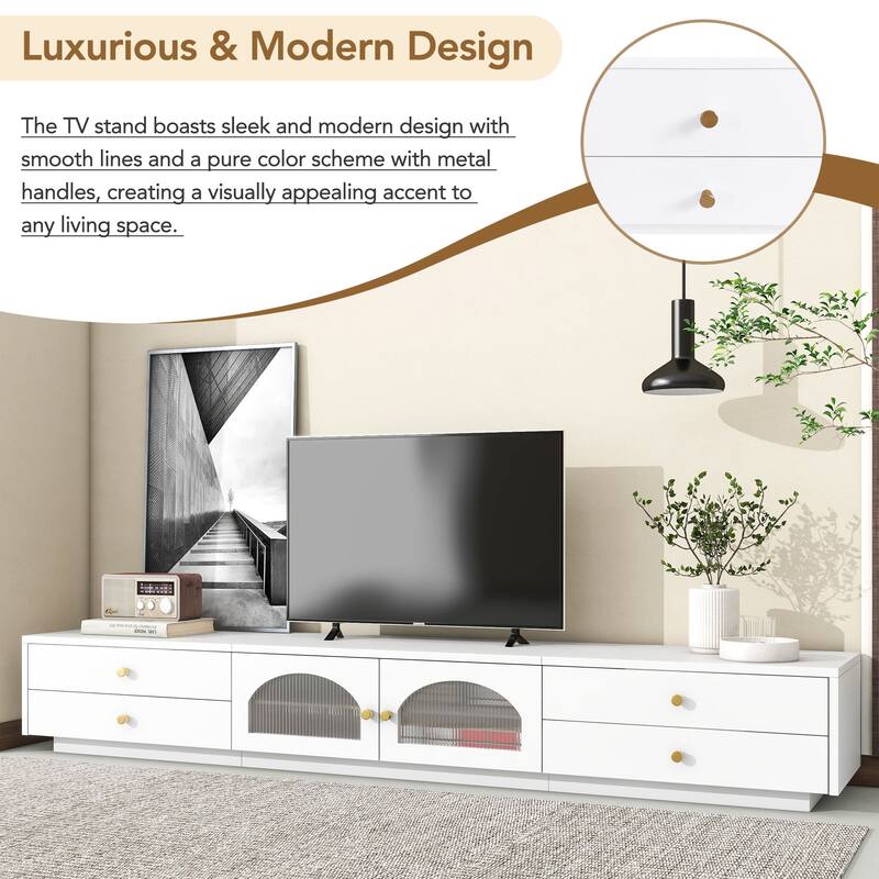 Modern Luxurious TV Stand, for TVs Up to 95'' with Fluted Glass Doors 2 Drawers and Tempered Glass Shelf, for Living Room, White