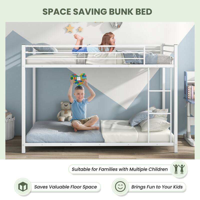Gymax Twin Over Twin Bunk Bed Frame Platform W/Guard Rails & Side