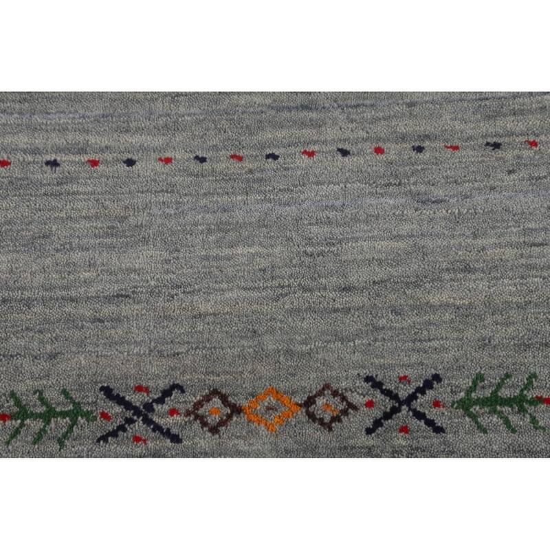 Gray & Green Striped Gabbeh Indian Area Rug Hand-Knotted Wool Carpet - 4'11"x 7'10"