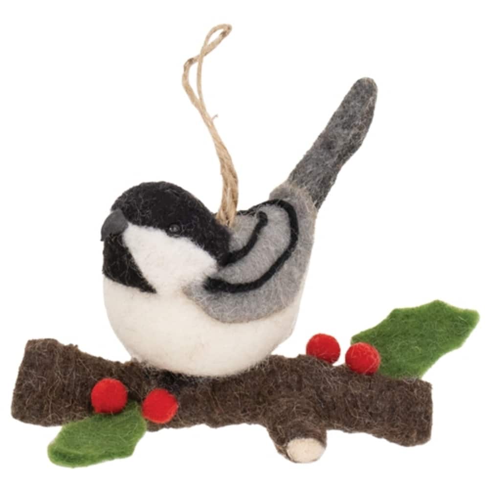 White-Black-Grey Felt Chickadee Ornament with Jute Hanger for Holiday Decor - 5 x 2.50 x 4 in.