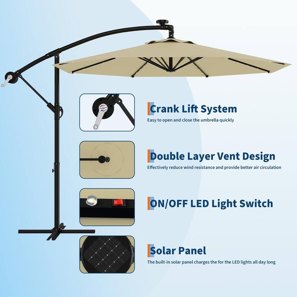 Coromose 10FT Solar Cantilever Patio Umbrella, 8 Ribs, 32 LED Lights