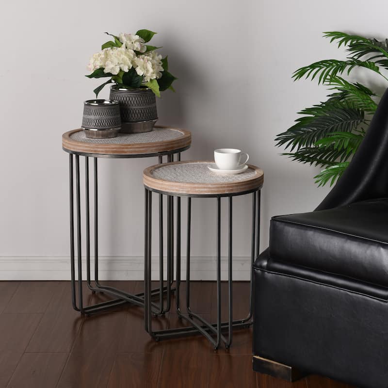 Porch & Den Larrabee Woven Rattan/ Wood Removable Top Round Metal Nesting Table (Set of 2)
