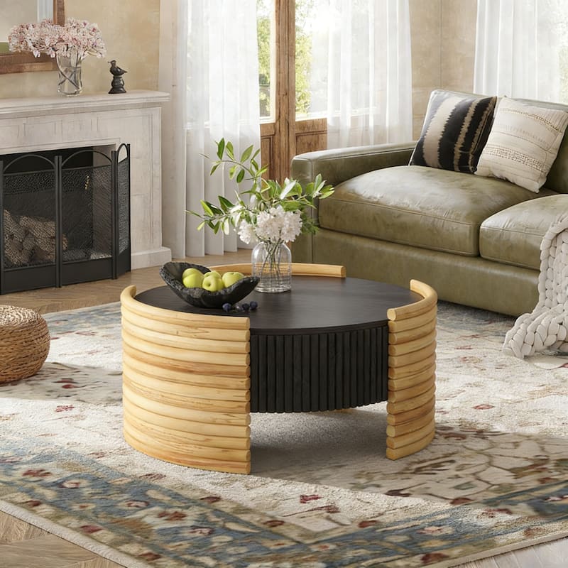 31.5" Modern Round Coffee Table Colorblocked Striped Wood Accent Table with Flip-Top, Center Table with Hidden Storage