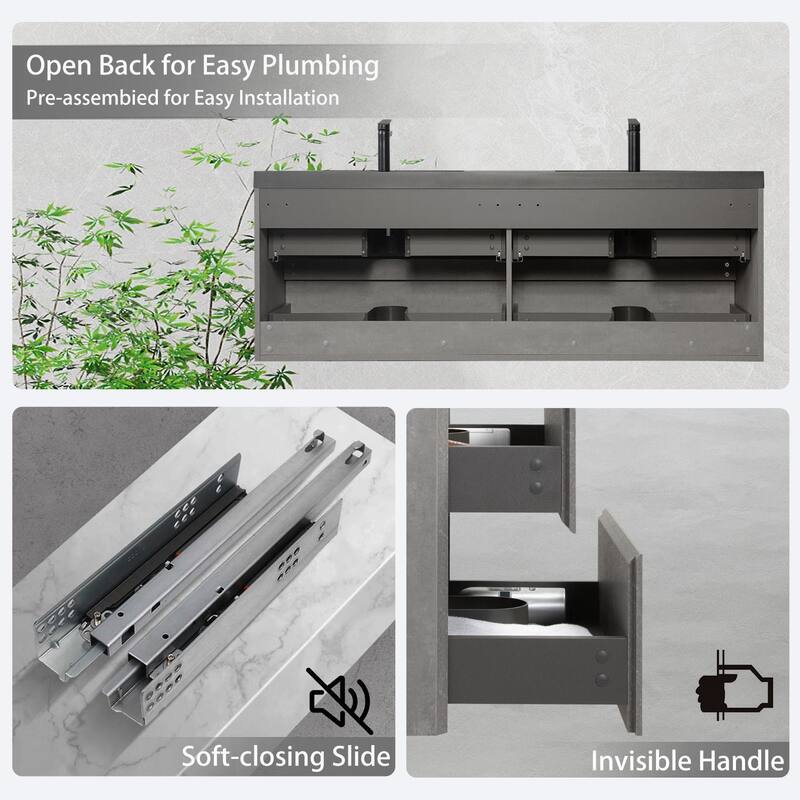 Modern Wall-Mounted Bathroom Vanity in Gray with Black Quartz Sand Top