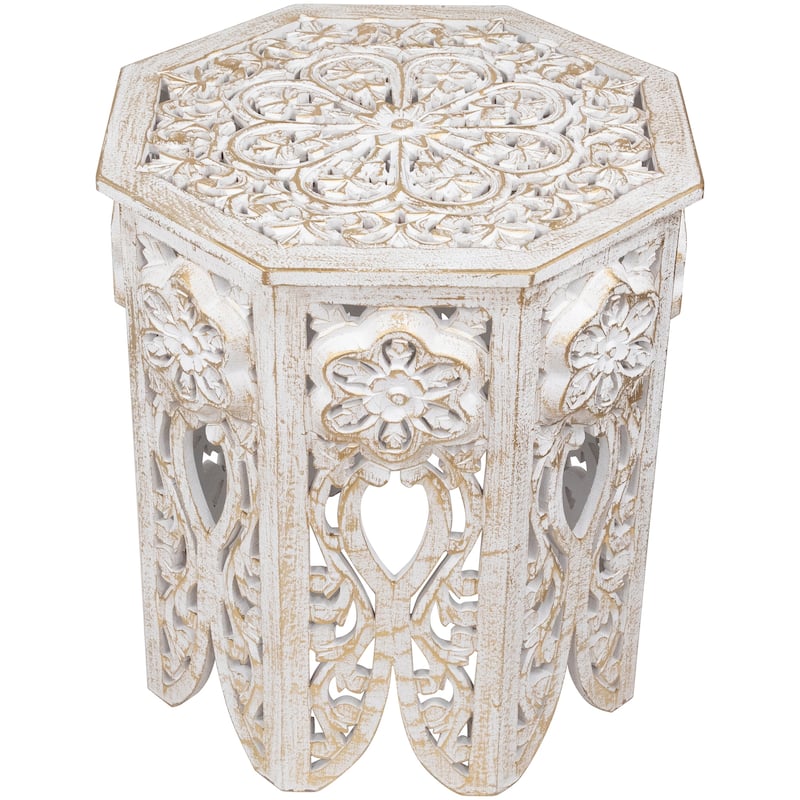 18" Antique White and Brushed Gold Carved Octagonal Side Table
