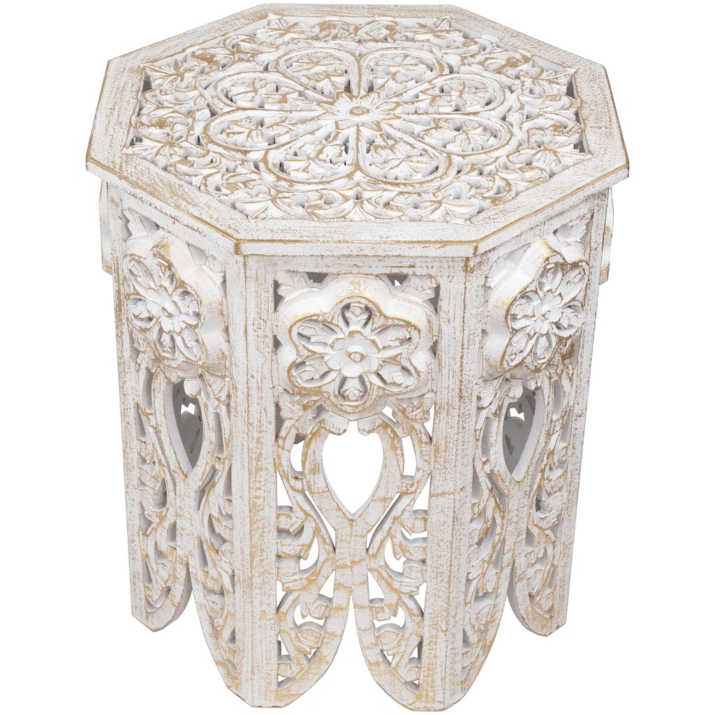 18" Antique White and Brushed Gold Carved Octagonal Side Table