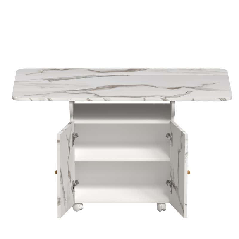 47" Wood Folding Dining Table with Storage Rack & Cabinet, Removable Kitchen Island Table with 6 Wheels, Side Table
