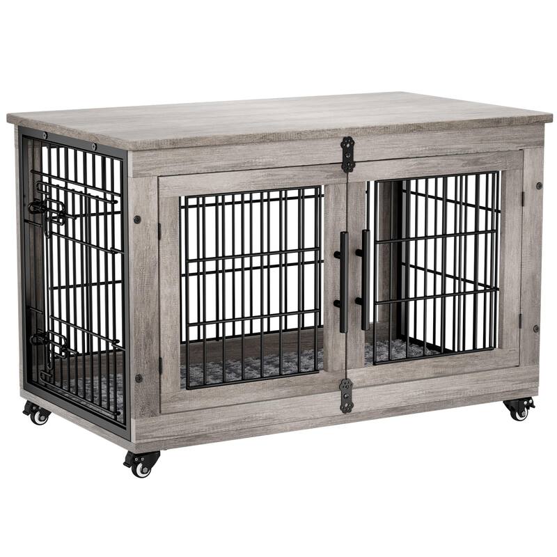 Dog Crate Indoor Heavy Duty Double Doors Wooden Dog Cage with Cushion - 38.5"L x 25.2"W x 26.8"H. - Assembly Required - Grey
