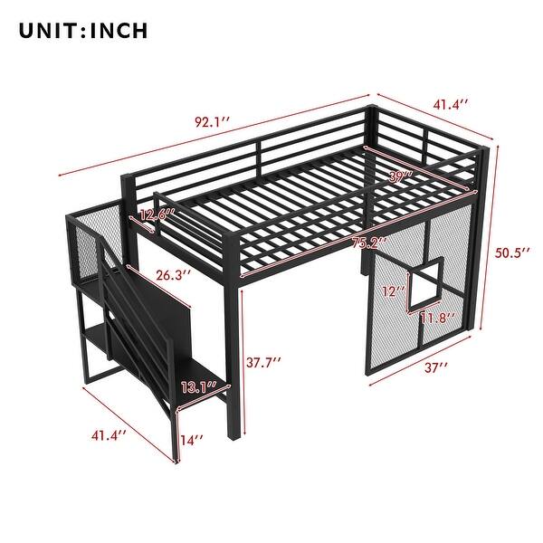 Twin Size Metal Loft Bed Frame with Storage Staircase and Iron Mesh, Low Height Kids Teens Loft Bed