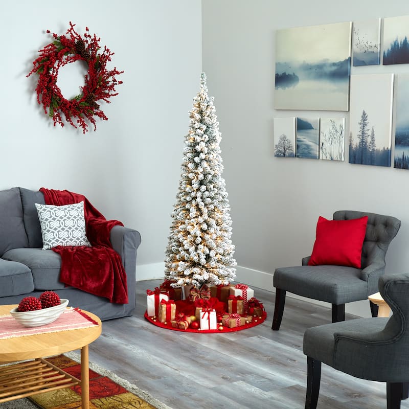 6’ Pre-Lit Pencil Slim Flocked Artificial Christmas Tree, Warm Clear LED Lights - 6 Foot