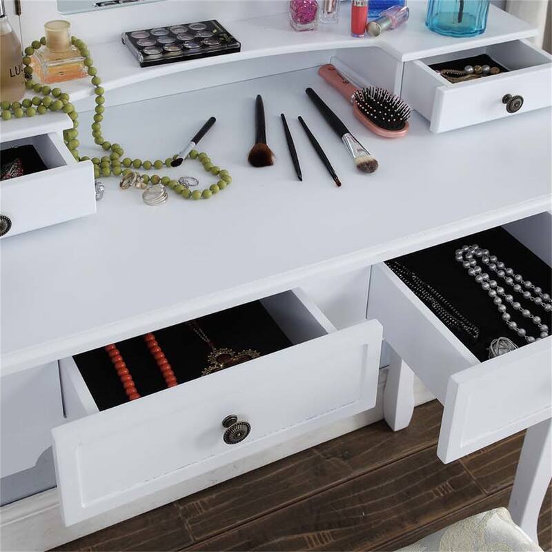 Wooden Vanity Make Up Table & Stool Set Includes Vanity, Mirror, Bench