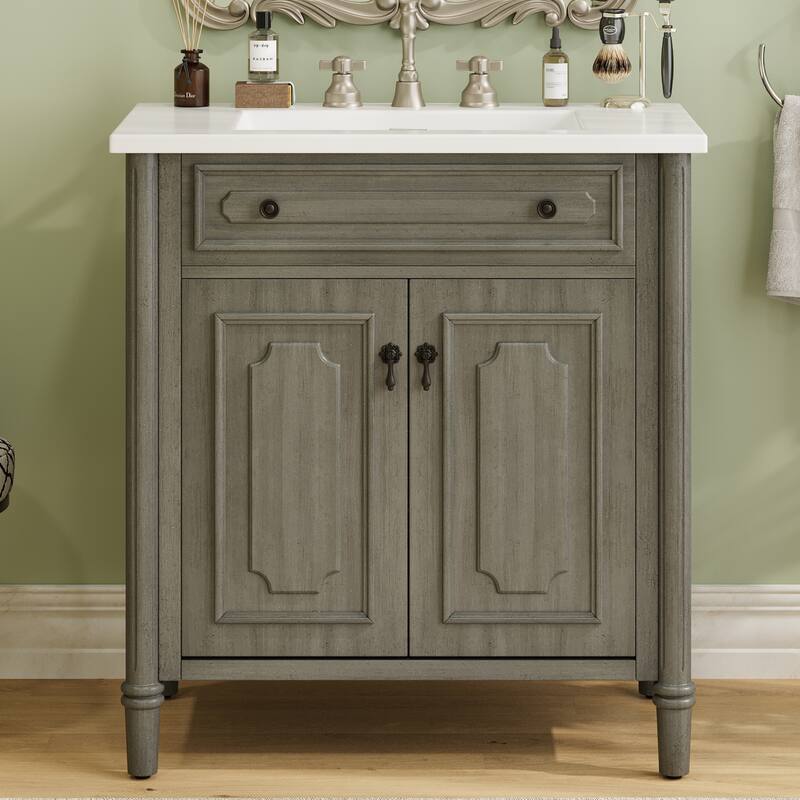 31" Bathroom Vanity with Sink, Rustic Bathroom Cabinet with Soft Close Doors and Adjustable Shelf, Curved Profile Design