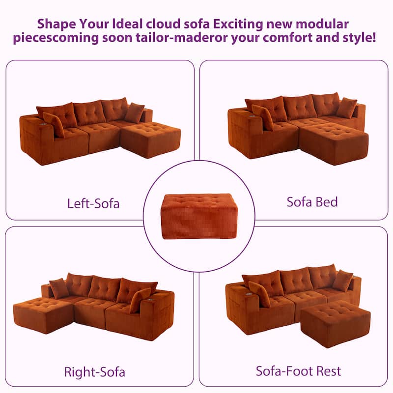 Corduroy Modular Sectional Sofa - 35.8"D x 101"W x 26.3"H