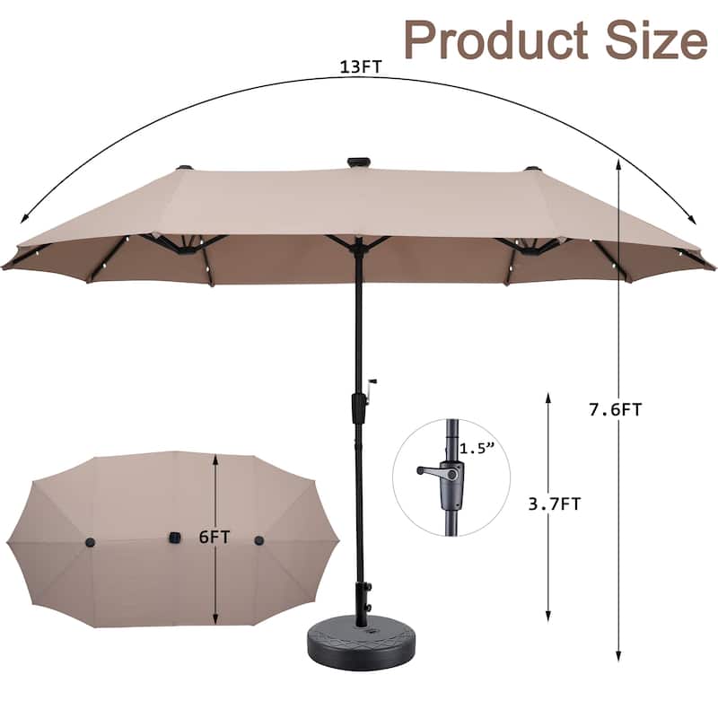 Ainfox 13ft Double-sided Patio Umbrella Solar LED Lighted Outdoor Martet Umbrella with Base