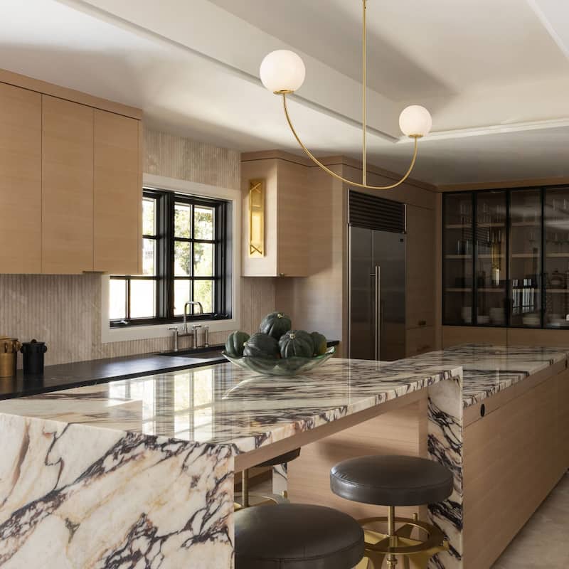 55" Modern Linear 2-Light Brass Finish Island Pendant with Milk White Glass Globe Shades for use in Dining Room