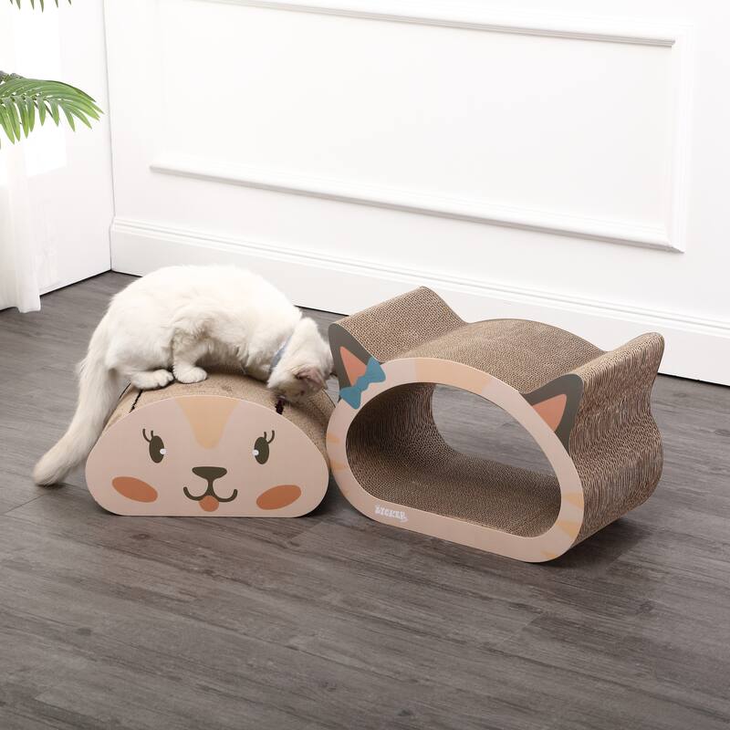 Opal 19" Modern Cardboard Happy Cat Head 2-in-1 Cat Cave Scratcher with Built-In Bell Toys and Catnip, Cream/Peach - Assembled