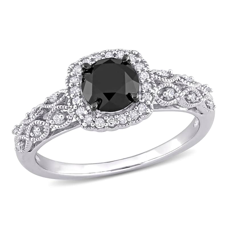 Miadora 10k White Gold 3/4ct TDW Black and White Diamond Halo Vintage Engagement Ring