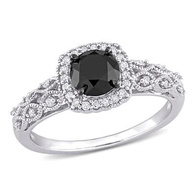 Miadora 10k White Gold 3/4ct TDW Black and White Diamond Halo Vintage Engagement Ring
