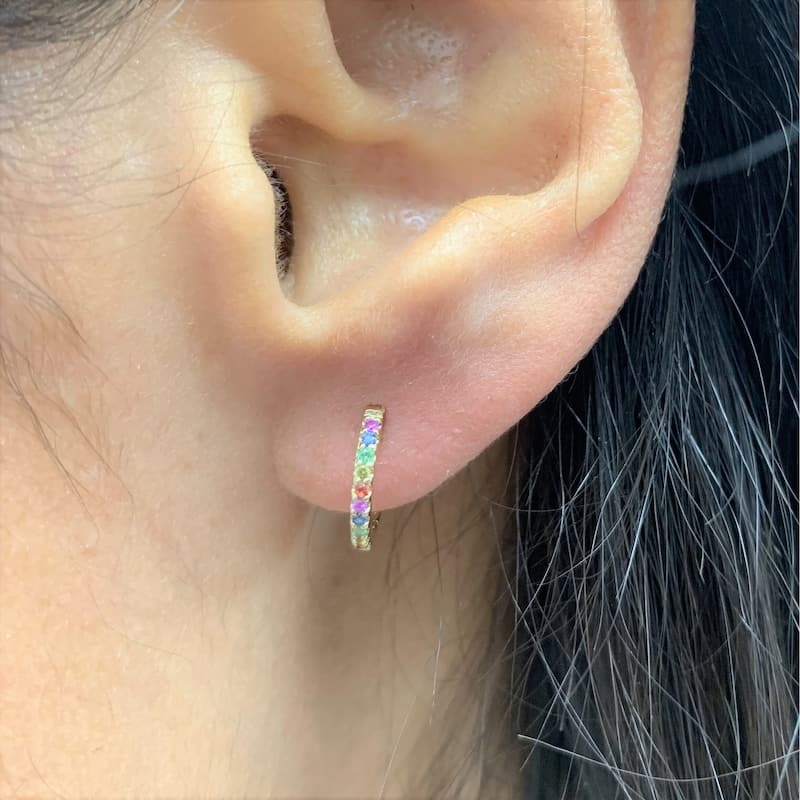 Joelle Collection Multi Sapphire Huggie Earring - 14K Gold Earrings U-Shaped Hoops With Rainbow Sapphires