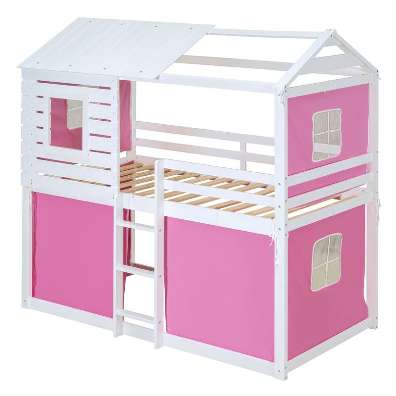 Solid Wood House Bunk Bed with Tent, Ladder and Fence for Kids, Bedroom