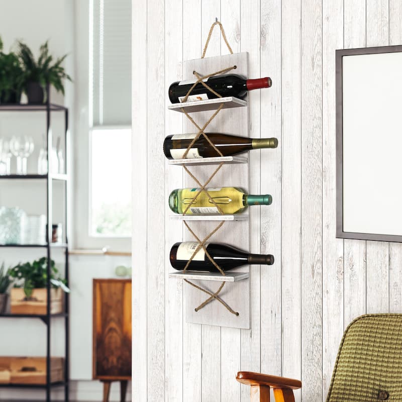Elegant Designs Positano Nautical Rope 4 Bottle Vertical Wall Mounted Wood Wine Rack - 8 x 4 x 30 (L x W x H)