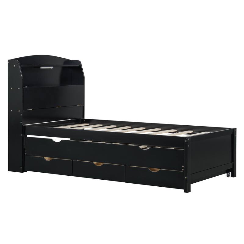 Twin Size Wooden LED Platform Bed with Trundle, with Storage Headboard, with Drawers