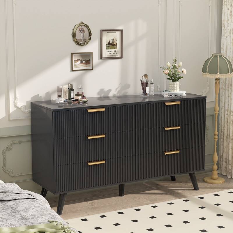Gymojoy Fluted 6 Drawer Dresser with Gold Metal Handles, Modern Chest of Drawers for Living Room, Bedroom, Apartment - Black - 6-drawer
