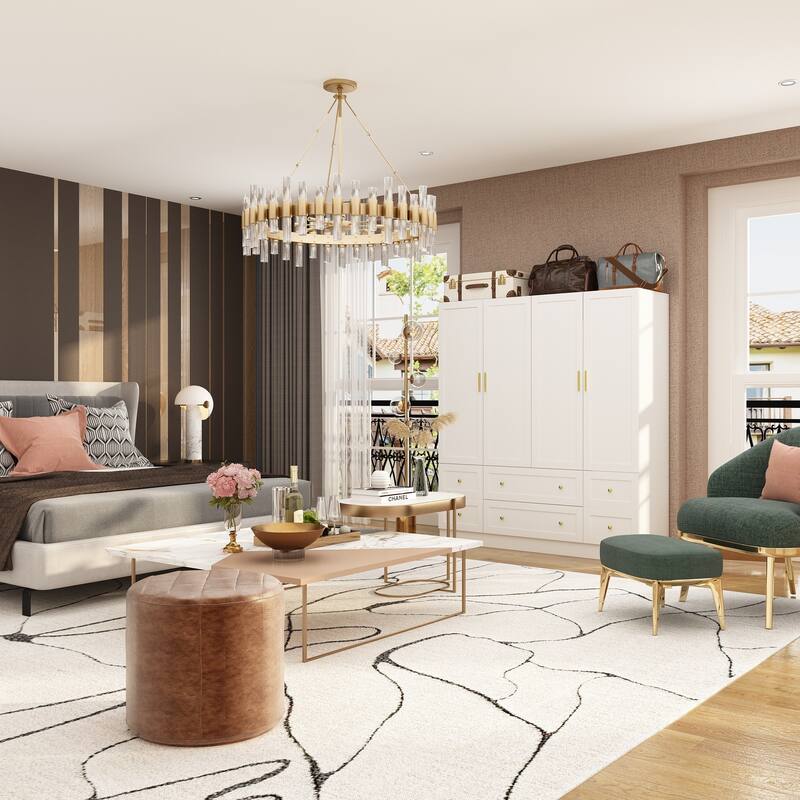 White Wardrobe Closet with Gold Handles - Modern Storage Cabinet with Drawers