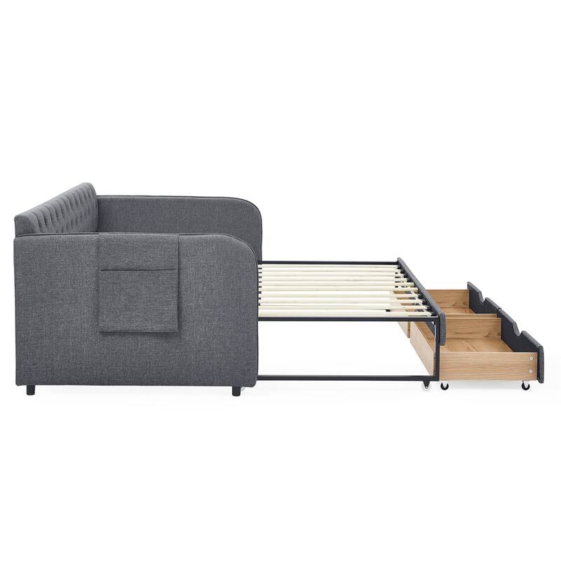 Twin Size Upholstery Daybed with Trundle Bed and Two Storage Drawers