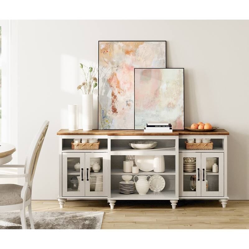 Buffet Cabinet with Glass Doors, Oak Kitchen Cabinet with Storages