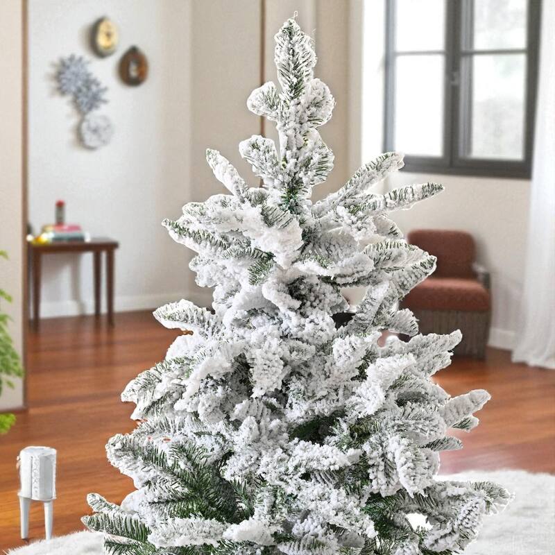 6ft Snow Flocked Unlit Christmas Tree with Metal Stand, Full PVC PE Branches and Hinged Design