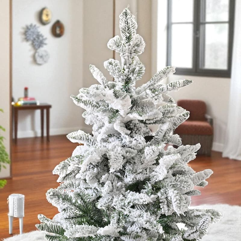 7ft Snow Flocked Unlit Christmas Tree with Mixed PE PVC Tips, Full Branches and Metal Stand