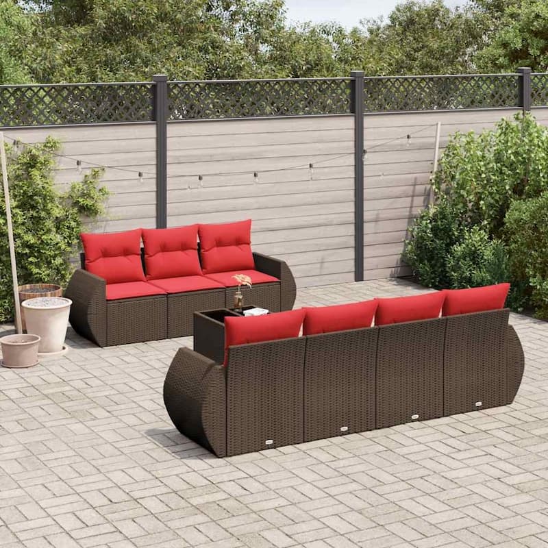 vidaXL Patio Sofa Set with Cushions Outdoor Furniture 8 Piece Poly Rattan - 21.7 x 24.4 x 27.2 - Brown and Red