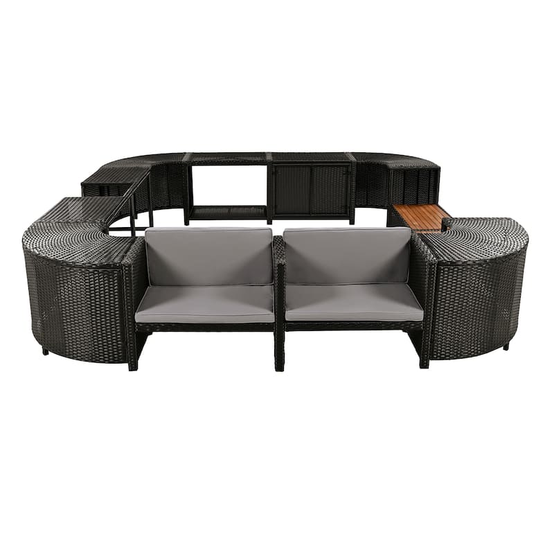 Outdoor Patio Rattan Spa Surround Frame Sofa Set with Storage Spaces and Wooden Bench