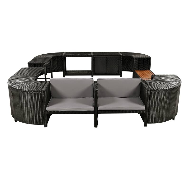 Outdoor Rattan Spa Frame Conversation Sofa Set with Storage & Wooden Bench