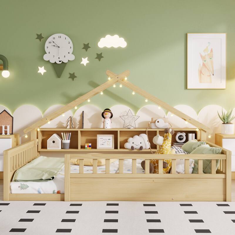 House-shaped Daybed Kids Wood House Bed Montessori Toddler Floor Bed with Roof Shape Storage Bookshelves and Light