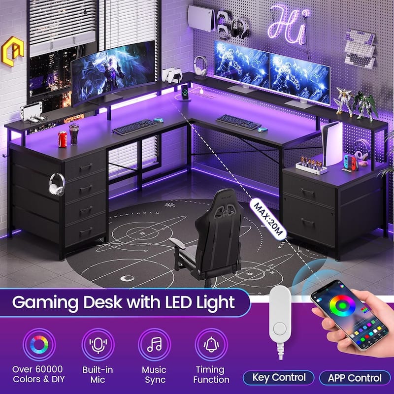 L Shaped Home Office Desk with 6 Drawer File Drawer Power Outlet